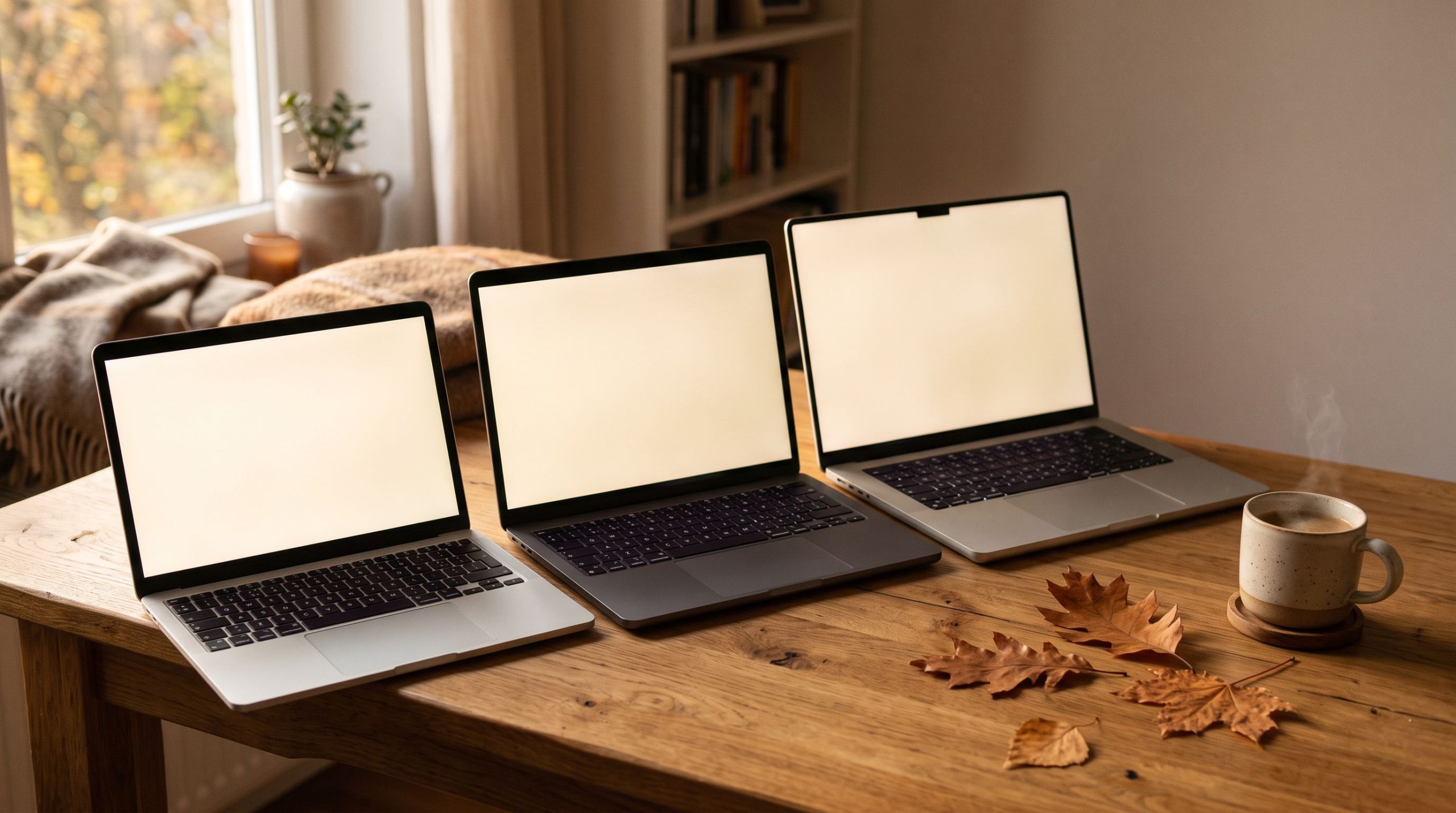 Tre laptopë alumini në tavolinë druri me dritë vjeshte