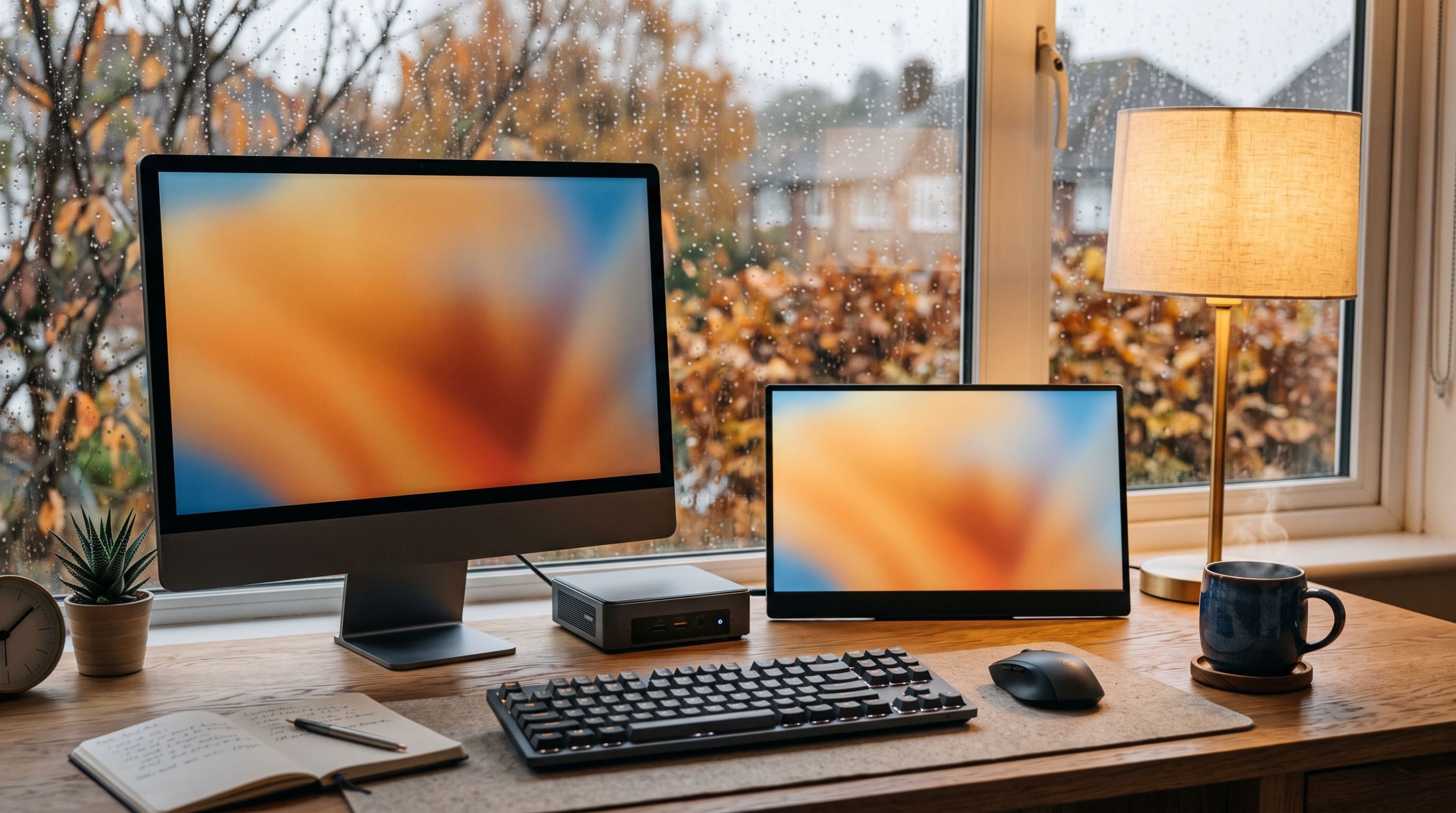 Kompjuter all in one dhe Mini PC në një tavolinë pune në shtëpi gjatë vjeshtës