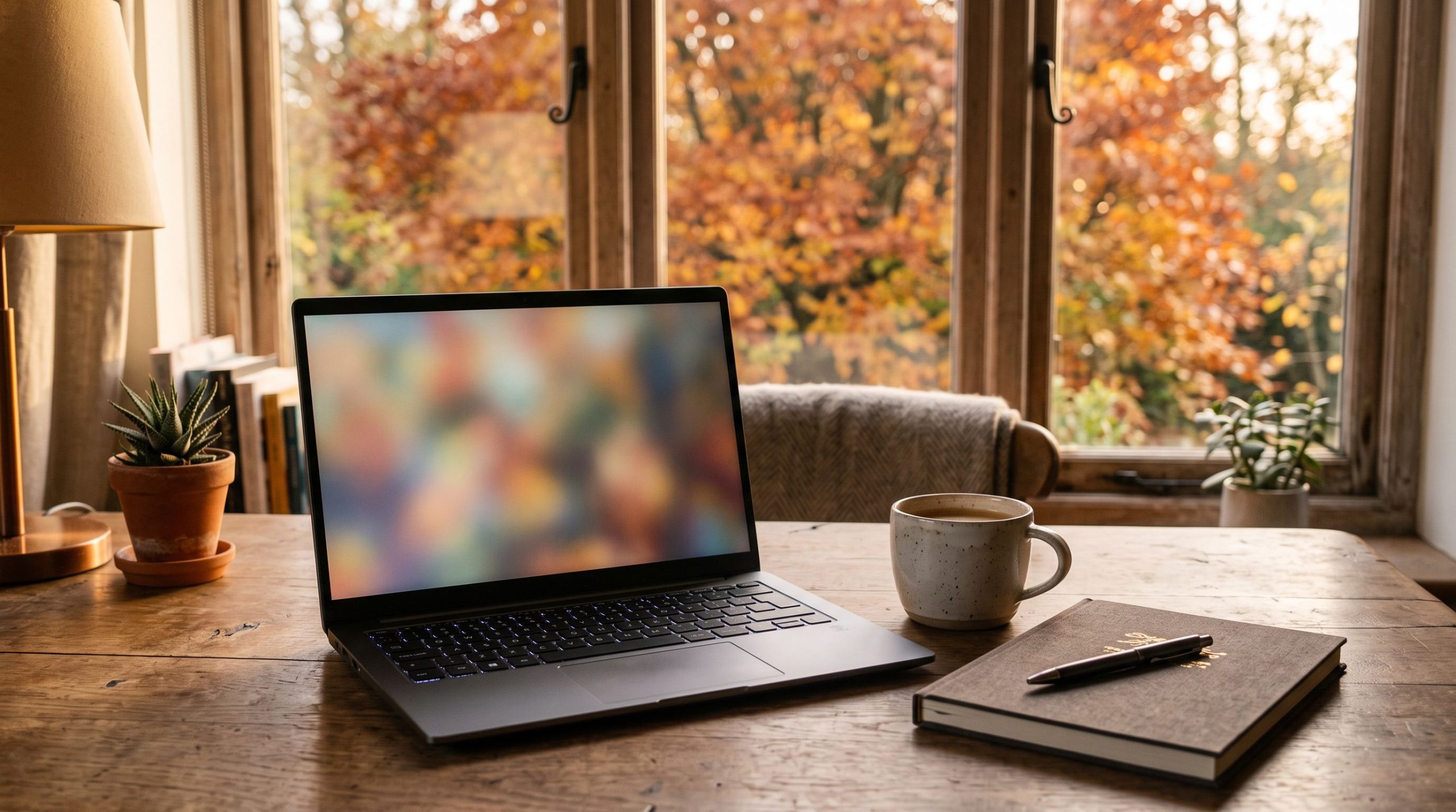 Laptop biznesi i përdorur në një tavolinë pune në shtëpi gjatë vjeshtës